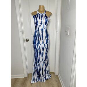 Blue & White Tie-Dye Maxi Dress Halter Neck Cutout Back Sleeveless Stretchy Medi